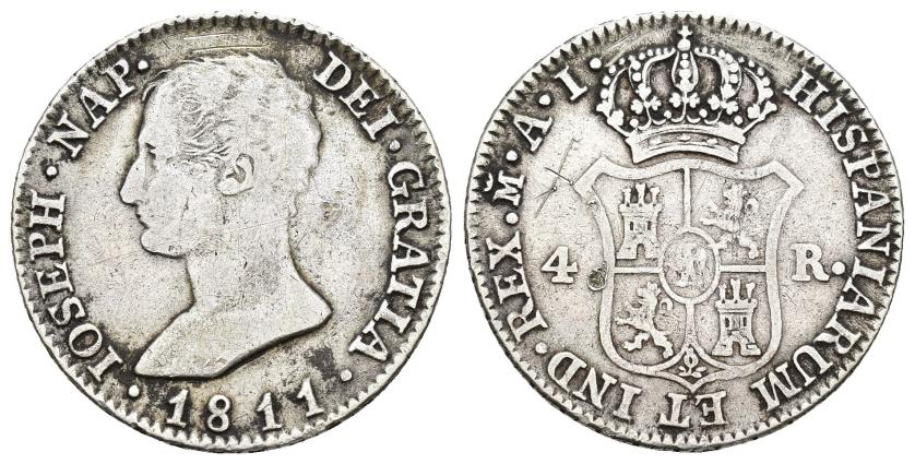 3263   -  JOSÉ I BONAPARTE. 4 reales. 1811. Madrid. AI. AR 5,83 g. 26,06 mm. VI-14. Rayas y golpe. MBC-.  