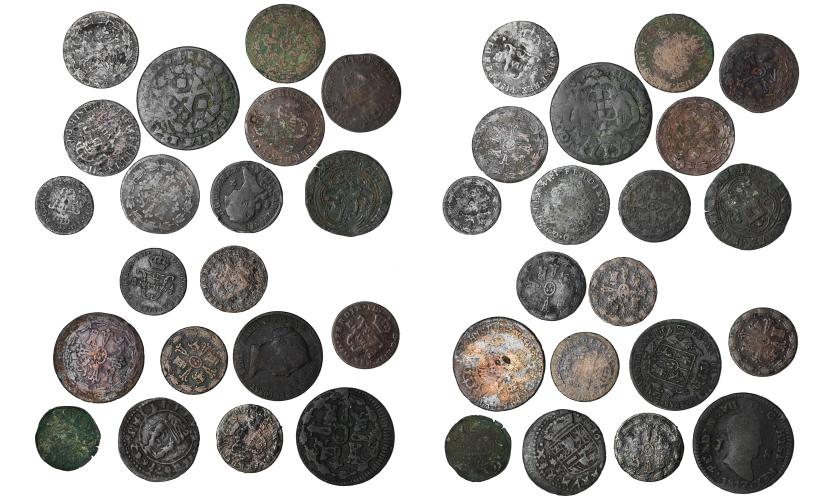 3264   -  FERNANDO VII. Lote de 20 monedas: pepión (1); 4 maravedís RR. CC. (1); 16 mrs. Felipe IV (1); 4 mrs. Carlos III (1); 8 mrs. Fernando VII (1); 25 cts. de real 1855 (1); 1/4 de real de Fernando VII, México (6); 2/4 de real de Fernando VII, México (7) y 10 reis 1734 de Portugal (1). RC/BC+.