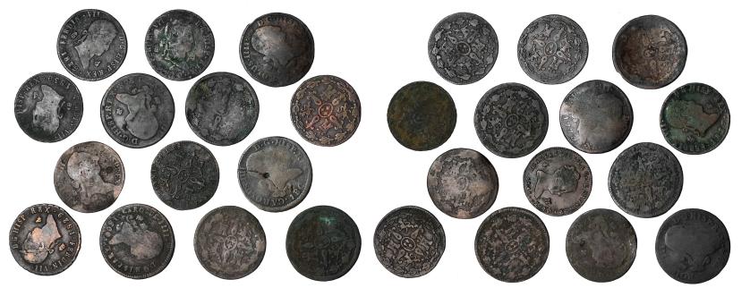3265   -  FERNANDO VII. Lote de 14 piezas de 4 maravedís: Carlos III (4), Carlos IV (4), Fernando VII (5) e Isabel II (1). Cecas Segovia y Jubia. RC/MBC-. 