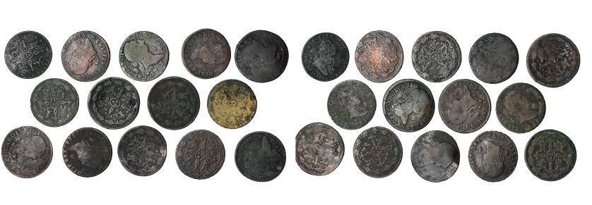 3266   -  FERNANDO VII. Lote de 14 piezas de 4 maravedís: Carlos III (4), Carlos IV (3), Fernando VII (6) e Isabel II (2). Cecas Segovia y Jubia. RC/MBC-. 
