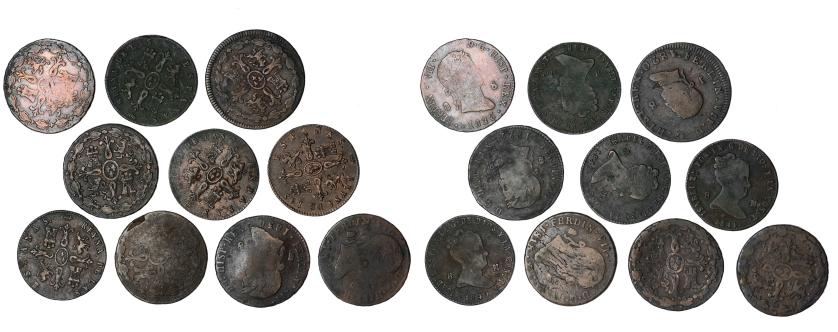 3267   -  FERNANDO VII. Lote de 10 piezas de 8 maravedís: Fernando VII -6: Jubia (5) y Segovia (1), e Isabel II -4: Segovia-. De BC-a MBC-. 