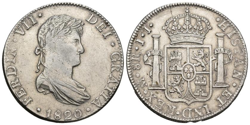 3275   -  FERNANDO VII. 8 reales. 1820. México. JJ. AR 26,85 g. 38,89 mm. VI-1100. Ligeramente abrillantada. MBC. 
