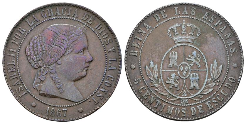 3280   -  ISABEL II. 5 céntimos de escudo. 1867. Barcelona. Cu 12,04 g. 32,13 mm. VI-198. Rayitas. MBC+/MBC.