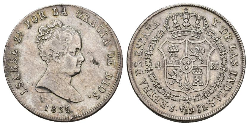 3281   -  ISABEL II. 4 reales. 1835. Sevilla. DR. AR 6,02 g. 23,512 mm. Hojas en anv. MBC+.