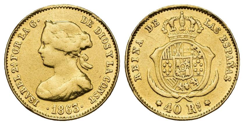 3285   -  ISABEL II. 40 reales. 1863. Madrid. AU 3,30 g. 17,73 mm. VI-566. Varias soldaduras en canto. BC+.