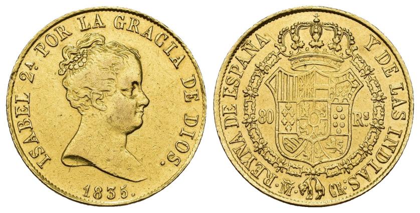 3286   -  ISABEL II. 80 reales. 1835. Madrid. CR. AU 6,76 g. 21,71 mm. VI-593. Soldadura en canto. MBC.