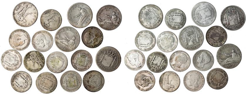3287   -  GOBIERNO PROVISIONAL. Lote de 17 monedas: 2 pts. (5: 1870) y 1 pta. (12: 1869-1903). BC-/MBC-.