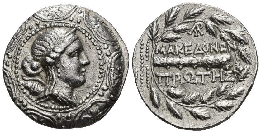 103   -  GRECIA ANTIGUA. MACEDONIA (bajo dominio romano). Tetradracma (158-150 a.C.). A/ Busto de Ártemis a der. con arco y carcaj dentro de escudo macedonio. R/ Clava, encima monograma; MAKEDONWN/PROTHS, todo dentro de corona cívica, a izq. haz de rayos. AR 16,70 g. 30,6 mm. COP-1314 vte. SBG-1386. EBC-/EBC.