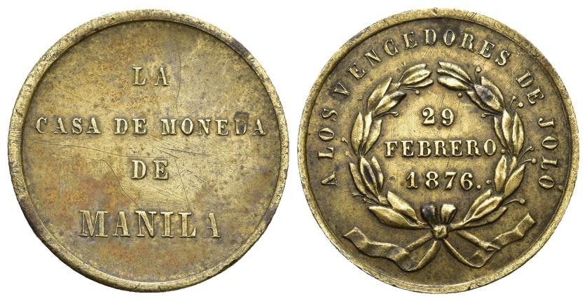 3293   -  ALFONSO XII. Medalla. A los vencedores de Joló. 29 febrero 1876. La Casa de Moneda de Manila. Cu 5,80 g. 23,7 mm. Finas rayas. MBC.
