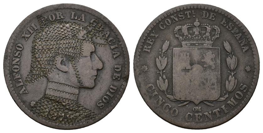 3294   -  ALFONSO XII. 5 céntimos. 1879. Barcelona. OM. Con yelmo burilado sobre el busto. Cu 4,41 g. 25,14 mm. MBC/MBC+.