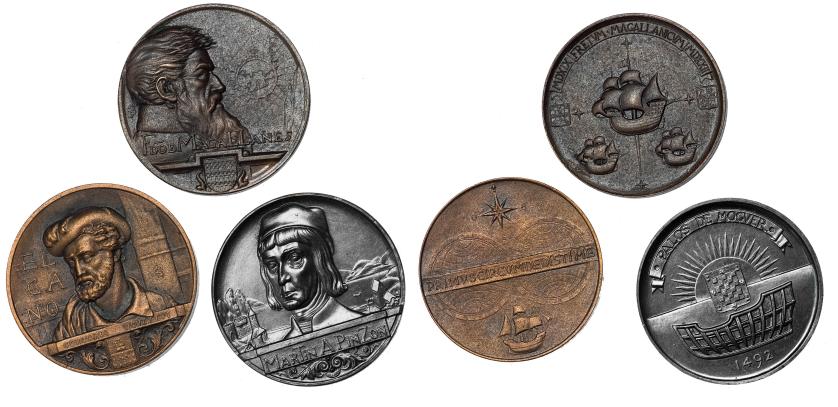 3308   -  FRANCISCO FRANCO. Lote de 3 medallas de descubridores: Martín Pinzón, Elcano y Magallanes. AE-40 mm. SC.