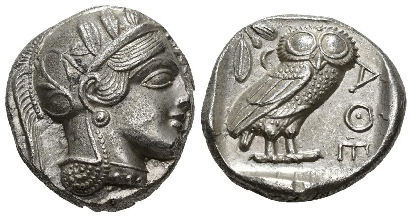 106   -  GRECIA ANTIGUA. ÁTICA. Atenas. Tetradracma (c. 479-393 a.C.). A/ Cabeza de Atenea a der. R/ Lechuza a der. AR 17,17 g. 25 mm. COP-34 ss. EBC.