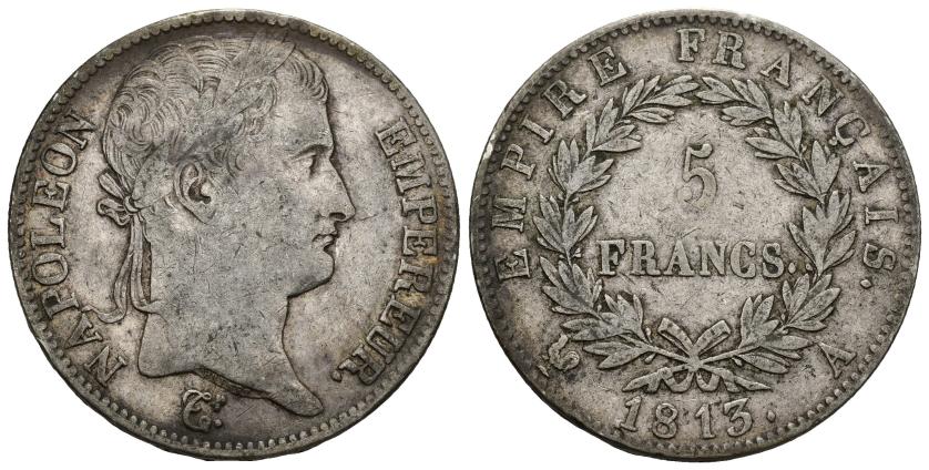 3326   -  MONEDAS EXTRANJERAS. FRANCIA. Napoleón I. 5 francos. 1813. A. AR 24,79 g. 37,1 mm. KM-694.1. MBC-.