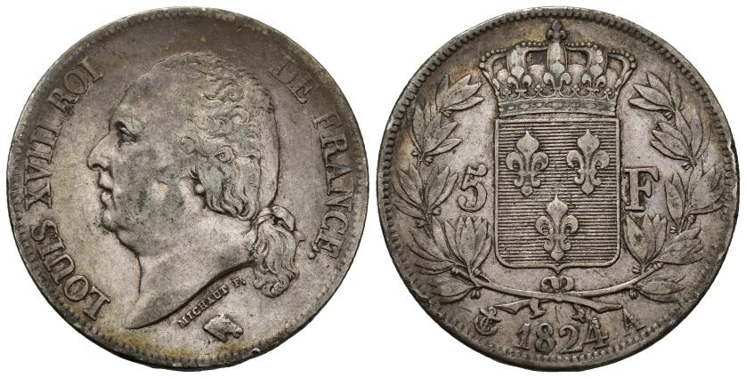 3327   -  MONEDAS EXTRANJERAS. FRANCIA. Luis XVIII. 5 francos. 1824. A. AR 24,69 g. 37,1 mm. KM-711.1. MBC. 