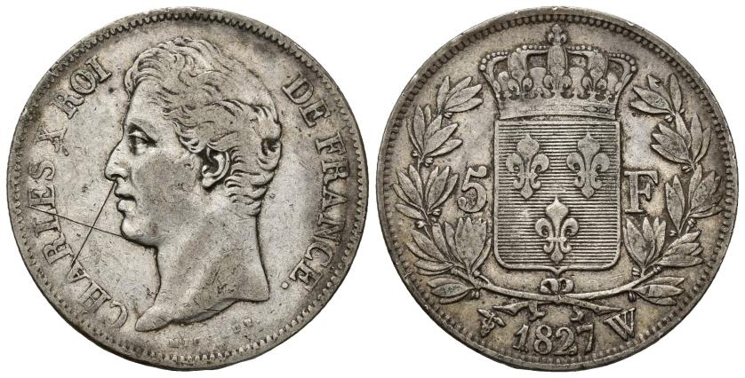 3328   -  MONEDAS EXTRANJERAS. FRANCIA. Carlos X. 5 francos. 1827. W. AR 25 g. 37 mm. KM-728.13. Grafito en anv. MBC.