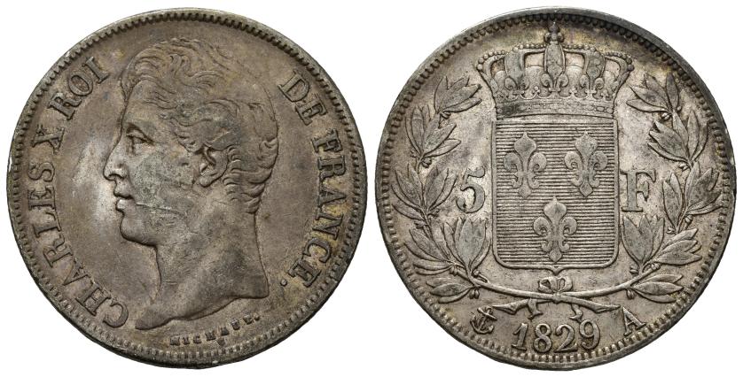 3329   -  MONEDAS EXTRANJERAS. FRANCIA. Carlos X. 5 francos. 1829. A. AR 24,98 g. 37 mm. KM-728.1. Pequeñas marcas. MBC.