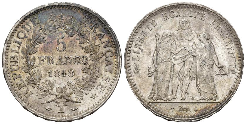 3330   -  MONEDAS EXTRANJERAS. FRANCIA. II República. 5 francos. 1848. A. AR 25,01 g. 37,3 mm. KM-756.1. EBC-. 