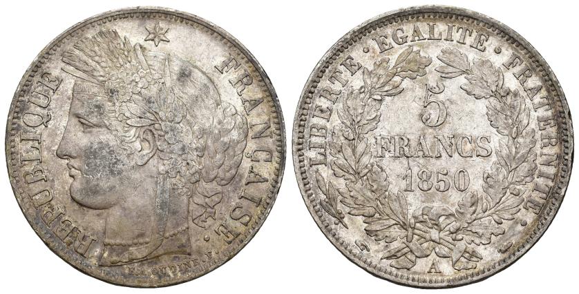 3331   -  MONEDAS EXTRANJERAS. FRANCIA. II República. 5 francos. 1850. A. AR 24,96 g. 37,3 mm. KM-761.1. EBC-.