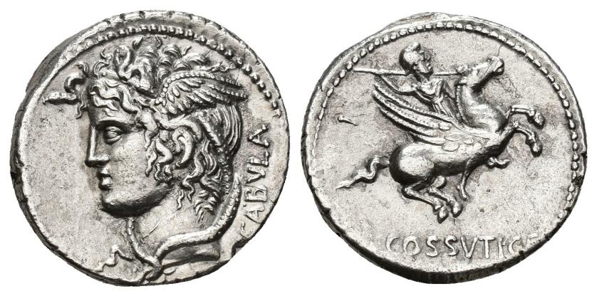 120   -  REPÚBLICA ROMANA. COSSUTIA. L. Cossutius C. f. Sabula. Denario. Roma (74 a.C.). A/ Cabeza de Medusa a izq., detrás SABVLA. R/ Belerofonte cabalgando Pegaso a der., a izq. I, debajo L COSSVTI C F. AR 3,91 g. 18,6 mm. CRAW-395.1. FFC-655. EBC/EBC-. Rara en esta conservación. Ex Jean Vinchon, 24-11-1994, lote 339; ex Frank Sternberg 11, 20-11-1981, lote 488; ex Bank Leu 17, 3-5-1977, lote 482.