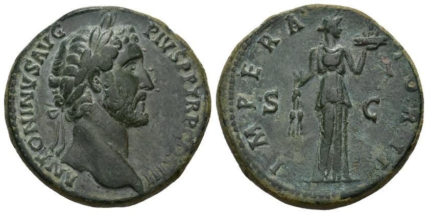 144   -  IMPERIO ROMANO. ANTONINO PÍO. Sestercio. Roma (143-144). A/ Cabeza laureada a der.; ANTONINVS AVG PIVS P P TR P COS III. R/ Fides a der. con espigas y cesta de fruta; IMPERATOR II, S-C. AE 24,60 g. 32,5 mm. RIC-716a. Pátina verde. MBC/MBC+.