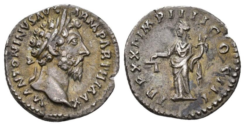 147   -  IMPERIO ROMANO. MARCO AURELIO. Denario. Roma (166-167). A/ Cabeza laureada a der.; M ANTONINVS AVG ARM PARTHIC AVG. R/ Aequitas a izq. con balanza y cornucopia; TR P XXI IMP IIII COS III. AR 2,92 g. 18,6 mm. RIC-171. MBC+.