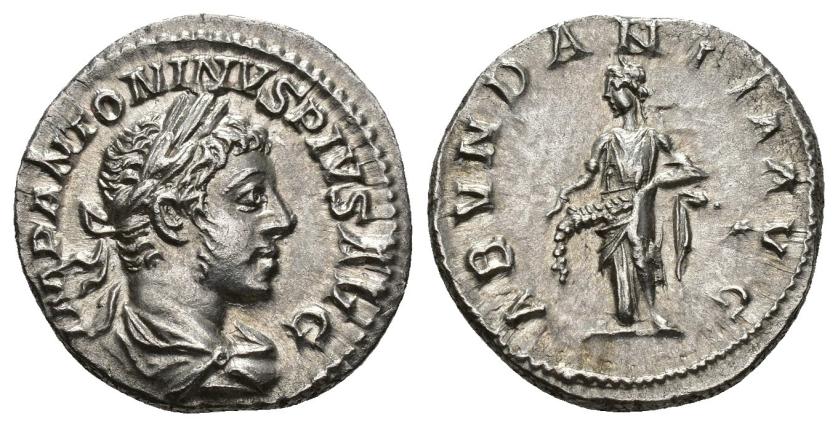 157   -  IMPERIO ROMANO. HELIOGÁBALO. Denario. Roma (218-222). A/ Busto laureado y drapeado a der.; IMP ANTONINVS PIVS AVG. R/ Abundantia vaciando cornucopia a izq., detrás estrella; ABVNDANTIA AVG. AR 3,07 g. 18,4 mm. RIC-56b. EBC.