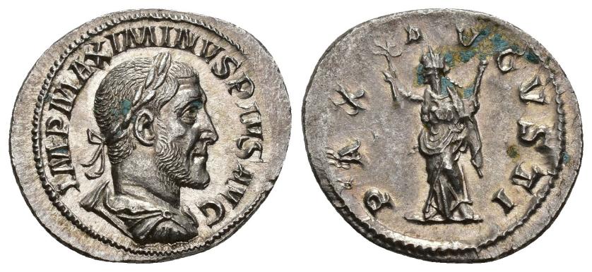 160   -  IMPERIO ROMANO. MAXIMINO I. Denario. Roma (235-236). A/ Busto laureado, drapeado y acorazado a der.; IMP MAXIMINVS PIVS AVG. R/ Pax a izq. con rama y cetro; PAX AVGVSTI. AR 3,03 g. 21,2 mm. RIC-12. Puntos de óxido. EBC.