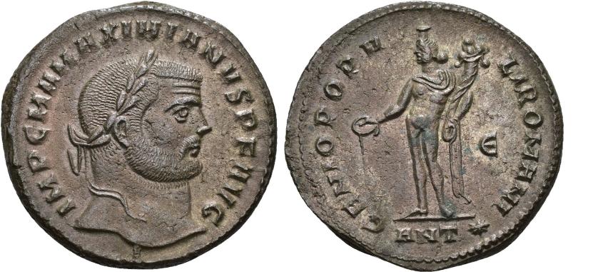 167   -  IMPERIO ROMANO. MAXIMIANO. Follis. Antioquía (302-303). A/ Cabeza laureada a der.; IMP C M A MAXIMIANVS P F AVG. R/ Genio a izq. con pátera y cornucopia; GENIO POPVLI ROMANI. -/E//ANT. AE 8,43 g. 26,7 mm. RIC-56b. EBC.