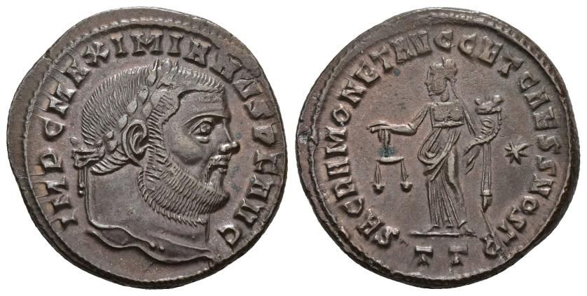 169   -  IMPERIO ROMANO. MAXIMIANO. Follis. Ticinum (304-305). A/ Cabeza laureada a der.; IMP C MAXIMIANVS P F AVG. R/ Moneta a izq. con balanza y cornucopia; SACRA MONET AVGG ET CAESS NOSTR. -/*//TT. AE 9,85 g. 27,3 mm. RIC-47b. EBC-. 