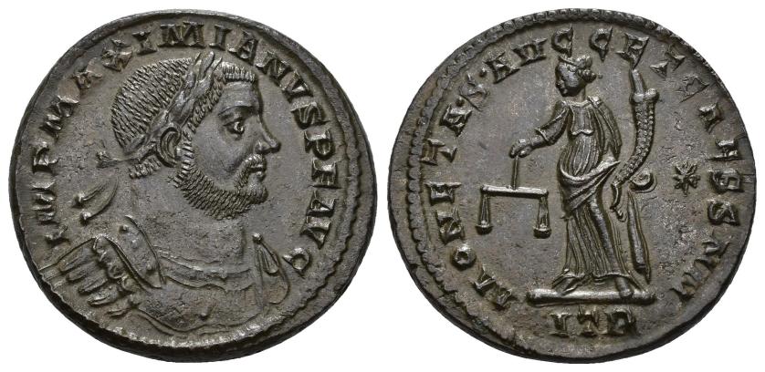 170   -  IMPERIO ROMANO. MAXIMIANO. Follis. Treveris (301). A/ Busto laureado y acorazado a der.; IMP MAXIMIANVS P F AVG. R/ Moneta a izq. con balanza y cornucopia; MONETA S AVGG ET CAESS NN. -/*/ITR. AE 10,97 g. 27,3 mm. RIC-496b. EBC+.