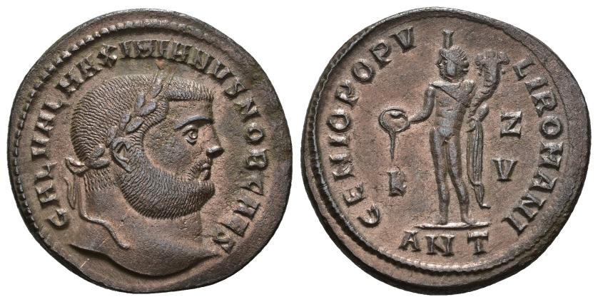 177   -  IMPERIO ROMANO. GALERIO. Follis. Antioquía (300-301). A/ Cabeza laureada a der.; GAL VAL MAXIMIANVS NOB CAES. R/ Genio a izq. con pátera y cornucopia; GENIO POPVLI ROMANI. K/Z/V//ANT. AE 8,09 g. 27 mm. RIC-55b. EBC/EBC-. 