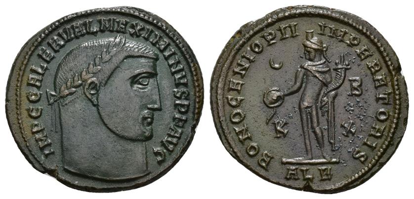 182   -  IMPERIO ROMANO. MAXIMINO II. Follis. Alejandría (311-312). A/ Cabeza laureada a der.; IMP C GALER VAL MAXIMINVS P F AVG. R/ Genio a izq. con pátera y cornucopia; BONO GENIO PII IMPERATORIS. Creciente/K-B/X//ALE. AE 7,32 g. 25,3 mm. RIC-144b. EBC-. 