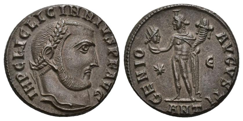 185   -  IMPERIO ROMANO. LICINIO. Follis. Antioquía (312). A/ Cabeza laureada a der.; IMP C LIC LICINNIVS P F AVG. R/ Genio a izq. con cabeza de Serapis y cornucopia; GENIO AVGVSTI. */E//ANT. AE 4,61 g. 19,7 mm. RIC-164a. EBC/EBC+.