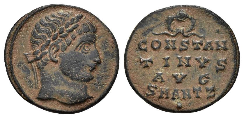 188   -  IMPERIO ROMANO. CONSTANTINO I. Follis. Antioquía (324-325). A/ Cabeza laureada a der. R/ CONSTAN/TINVS/AVG/ SMANTZ ., encima corona. AE 2,21 g. 18,3 mm. RIC-57. Pátina verde terrosa. MBC. Escasa.