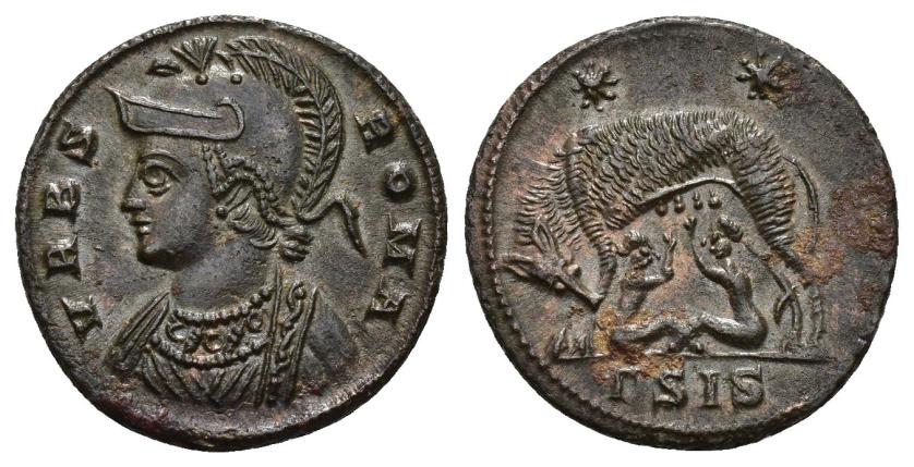 194   -  IMPERIO ROMANO. CONSTANTINO I. Follis. Siscia (330-333). A/ Busto de Roma a izq.; VRBS ROMA. R/ Loba con los gemelos, encima dos estrellas. -/-//GSIS. AE 2,73 g. 17,8 mm. RIC-222. Concreciones en rev. EBC+.