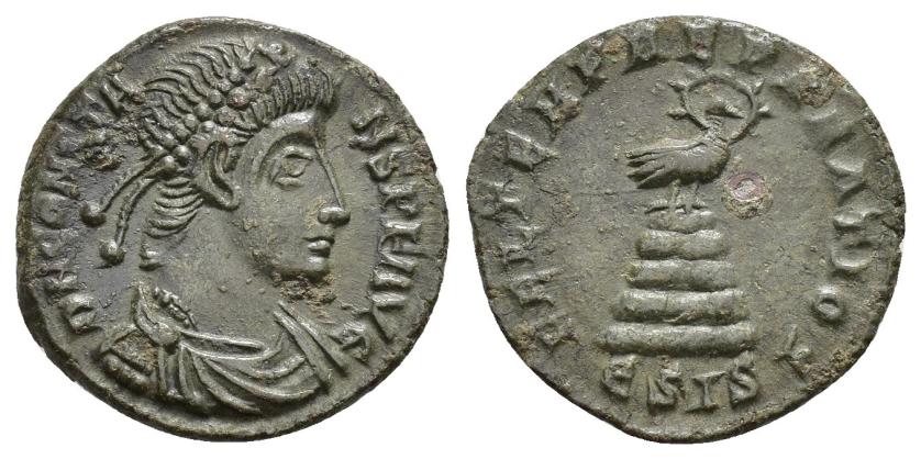 204   -  IMPERIO ROMANO. CONSTANTE. Follis. Siscia (348-350). A/ Busto diademado, drapeado y acorazado a der.; D N CONSTA-NS P F AVG. R/ Ave fénix a der. sobre túmulo rocoso; FEL TEMP REPARATIO. -/-/ESISh. AE 2,61 g. 18,4 mm. RIC-241. Pátina verde. EBC-/MBC+. Muy escasa.