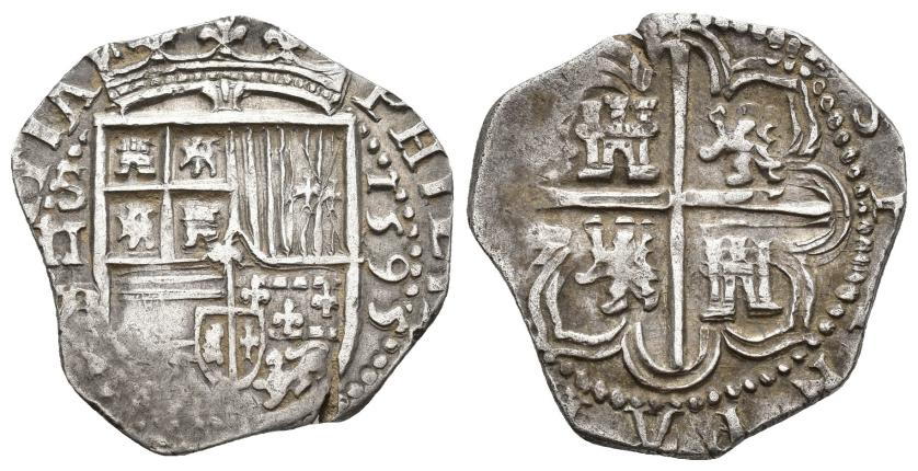 294   -  FELIPE II. 2 reales. 1595. Sevilla. B. AC-421. AR 6,79 g. 25,1 mm. Pequeño vano. MBC+/MBC.