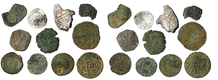305   -  FELIPE IV. Lote de 11 monedas: 9 monedas de cobre (una de ellas falsa de época) y 2 de plata, de Reyes Católicos a Carlos II. De RC a MBC-. 