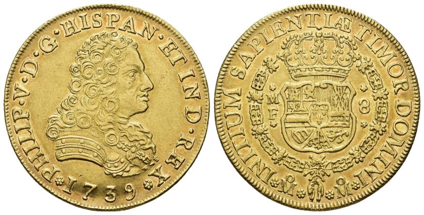 322   -  FELIPE V. 8 escudos. 1739. México. MF. AU 27,00 g. 36,5 mm. VI-1738. Pequeñas marcas. B.O. EBC. Rara.
