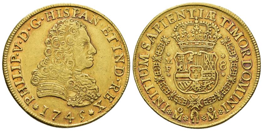 324   -  FELIPE V. 8 escudos. 1745. México. MF. AU 27,02 g. 37 mm. VI-1744. R.B.O. Ligera pátina rojiza. EBC-. Muy escasa.