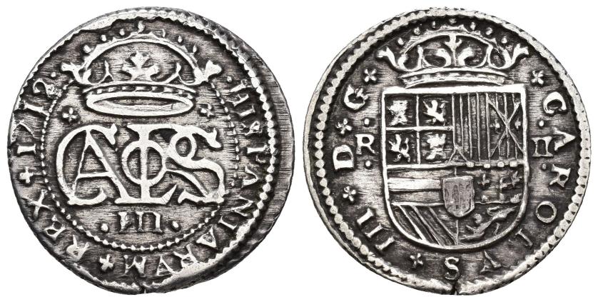 326   -  CARLOS III PRETENDIENTE. 2 reales. 1712. Barcelona. AR 5,39 g. 26,1 mm. VI-26. MBC/MBC+.