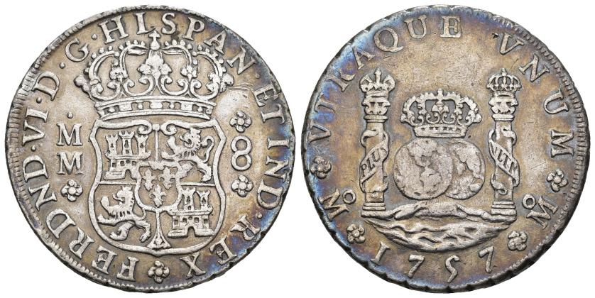 329   -  FERNANDO VI. 8 reales. 1757. México. MM. AR 26,80 g. 39,7 mm. VI-368. Pátina gris. MBC+/MBC.