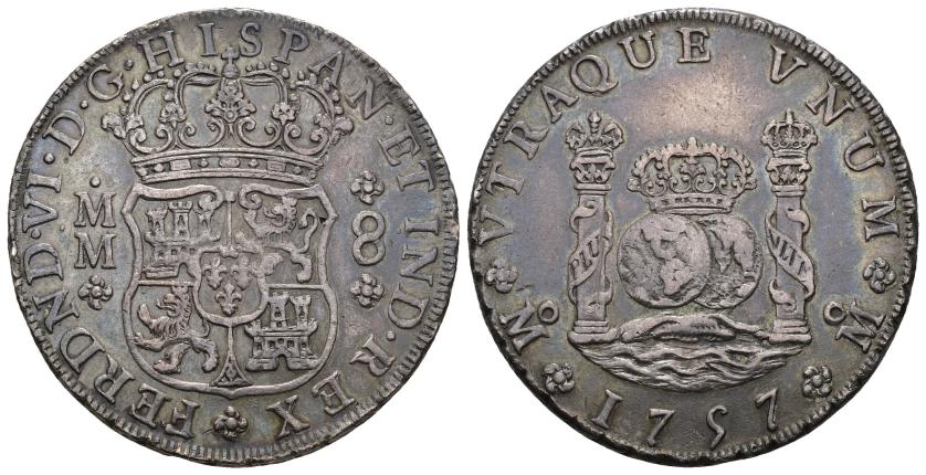 330   -  FERNANDO VI. 8 reales. 1757. México. MM. AR 26,95 g. 39 mm. VI-368. Pátina gris. EBC-/MBC+.