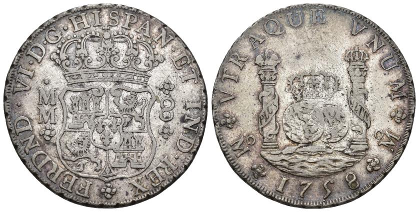 331   -  FERNANDO VI. 8 reales. 1758. México. MM. AR 27,05 g. 39,2 mm. MBC+/MBC. VI-369. 