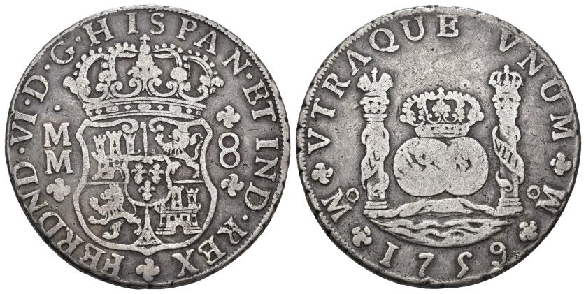 332   -  FERNANDO VI. 8 reales. 1759. México. MM. AR 26,58 g. 38,1 mm. VI-370. MBC-. 