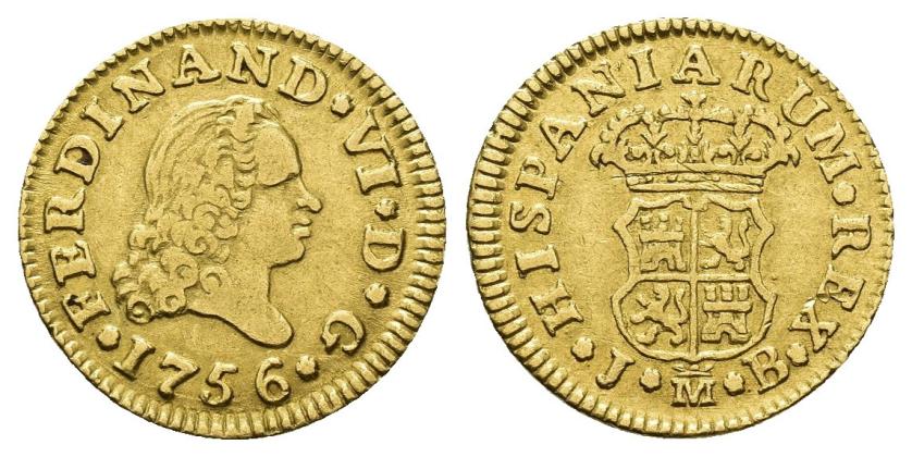 333   -  FERNANDO VI. 1/2 escudo. 1756. Madrid. AU 1,75 g. 14,9 mm. VI-414. MBC/MBC+.
