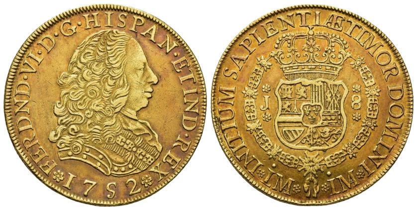 335   -  FERNANDO VI. 8 escudos. 1752. Lima. J. AU 26,99 g. 38,7 mm. VI-584. Pátina rojiza. MBC+. Ex colección Squier, Bourgey, París (2-2-1978), lote 466.