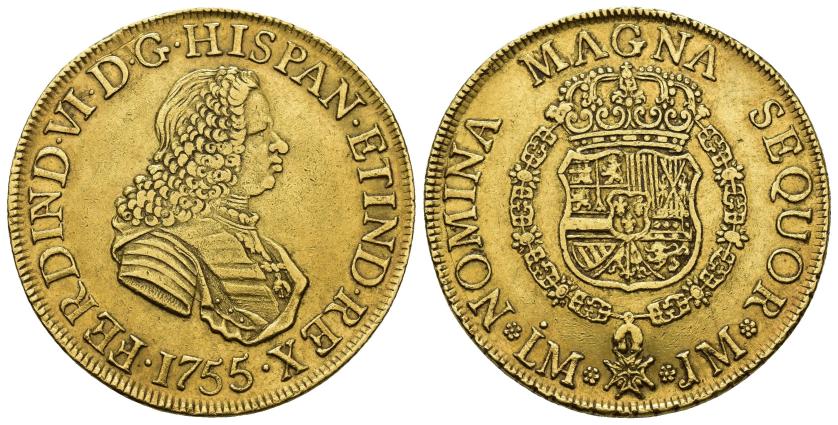 336   -  FERNANDO VI. 8 escudos. 1755. Lima. JM. AU 26,95 g. 37,3 mm. VI-587. MBC/MBC+. 