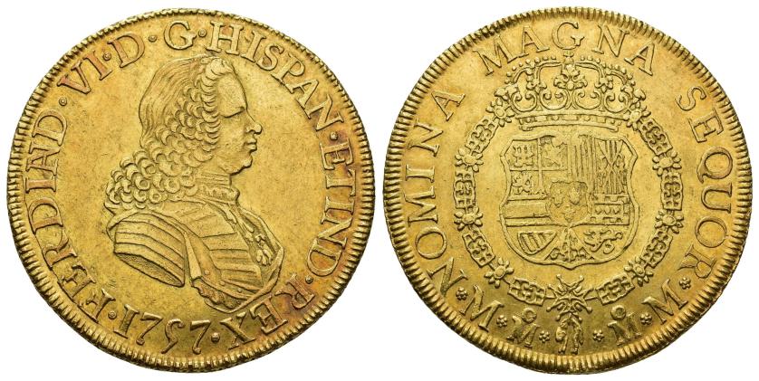 337   -  FERNANDO VI. 8 escudos. 1757. México. MM. AU 26,97 g. 36,8 mm. VI-607. Acuñación floja en el escudo. EBC/EBC-. Muy escasa. Ex colección Squier, Bourgey, París (2-2-1978), lote 427.