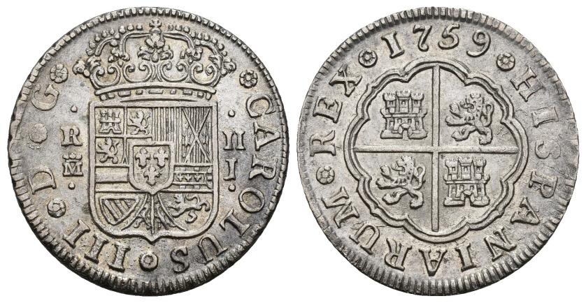 339   -  CARLOS III. 2 reales. 1759. Madrid. J. AR 6,02 g. 26,8 mm. VI-517. EBC-. Escasa.